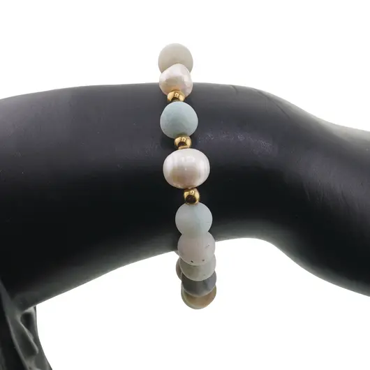 Bratara pe elastic Perle de cultura, bumbi aurii si Amazonit sfere mate 8mm, imagine 3