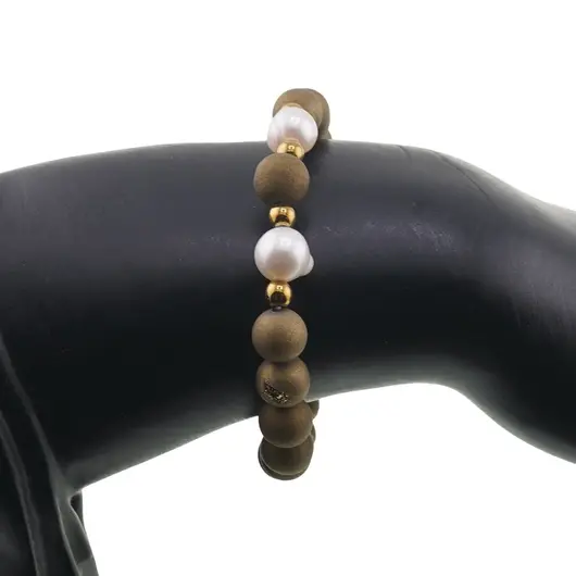 Bratara pe elastic Perle de cultura, bumbi aurii si Cuart druzy electroplacat auriu sfere 8mm, imagine 3