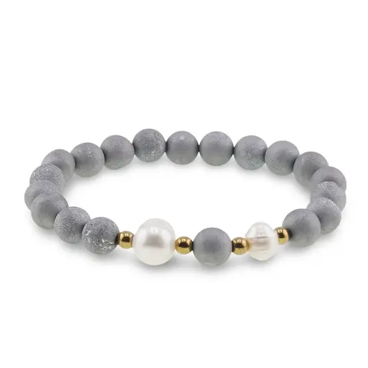 Bratara pe elastic Perle de cultura, bumbi aurii si Cuart druzy electroplacat gri sfere 8mm, imagine 2