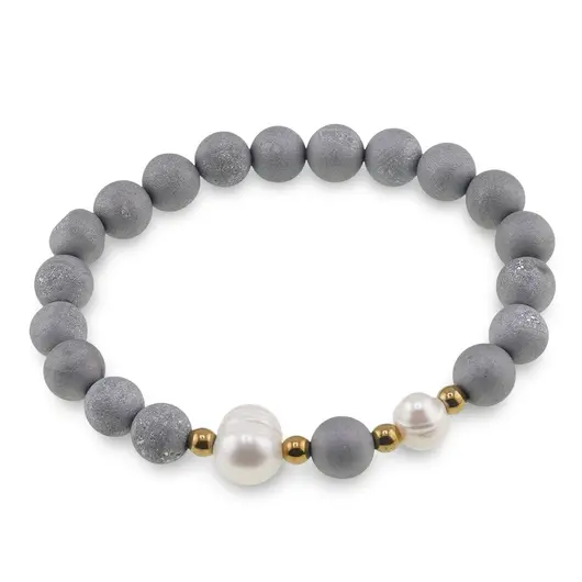 Bratara pe elastic Perle de cultura, bumbi aurii si Cuart druzy electroplacat gri sfere 8mm