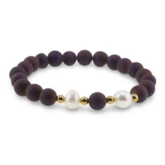 Bratara pe elastic Perle de cultura, bumbi aurii si Cuart druzy electroplacat mov sfere 8mm, imagine 2