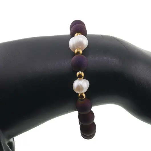 Bratara pe elastic Perle de cultura, bumbi aurii si Cuart druzy electroplacat mov sfere 8mm, imagine 3
