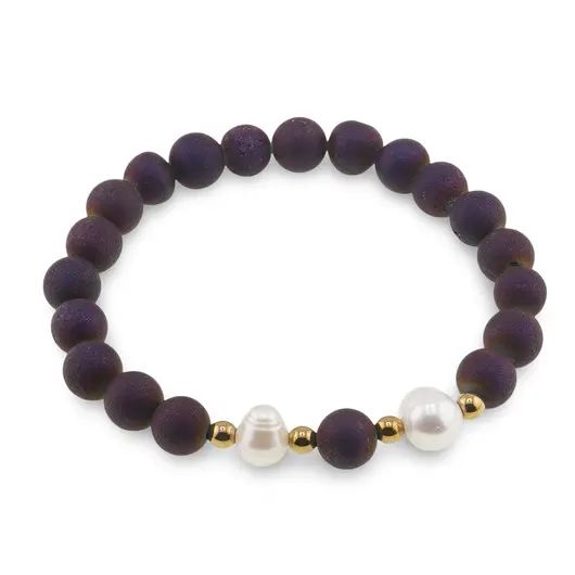 Bratara pe elastic Perle de cultura, bumbi aurii si Cuart druzy electroplacat mov sfere 8mm