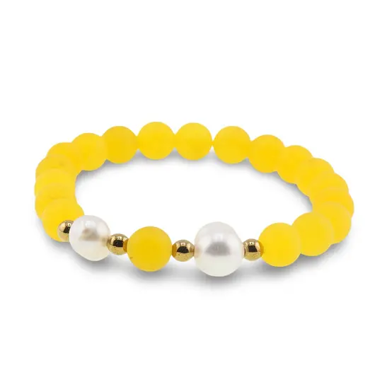Bratara pe elastic Perle de cultura, bumbi aurii si Cuart galben sfere mate 8mm, imagine 2