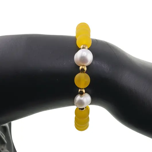 Bratara pe elastic Perle de cultura, bumbi aurii si Cuart galben sfere mate 8mm, imagine 3
