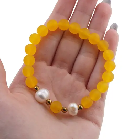 Bratara pe elastic Perle de cultura, bumbi aurii si Cuart galben sfere mate 8mm, imagine 4