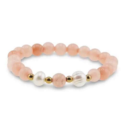 Bratara pe elastic Perle de cultura, bumbi aurii si Cuart piersica sfere 8mm, imagine 2