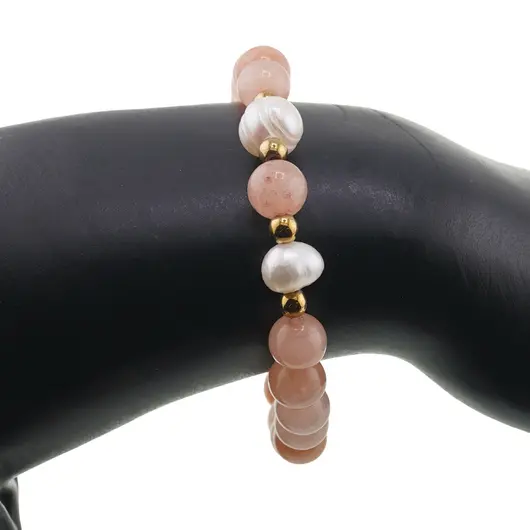 Bratara pe elastic Perle de cultura, bumbi aurii si Cuart piersica sfere 8mm, imagine 3