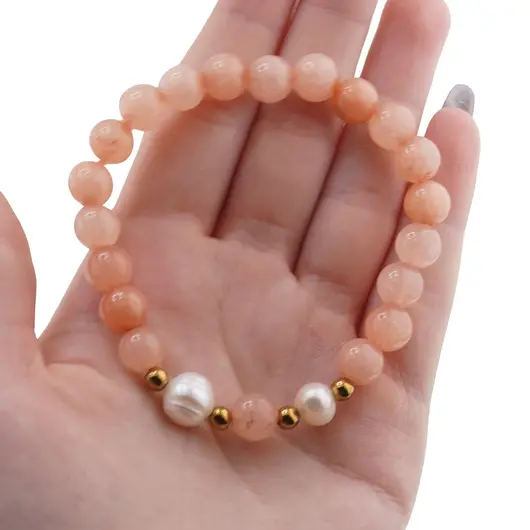 Bratara pe elastic Perle de cultura, bumbi aurii si Cuart piersica sfere 8mm, imagine 4