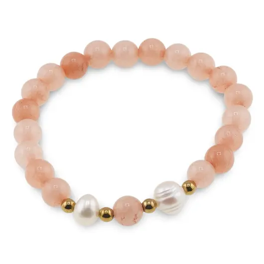 Bratara pe elastic Perle de cultura, bumbi aurii si Cuart piersica sfere 8mm