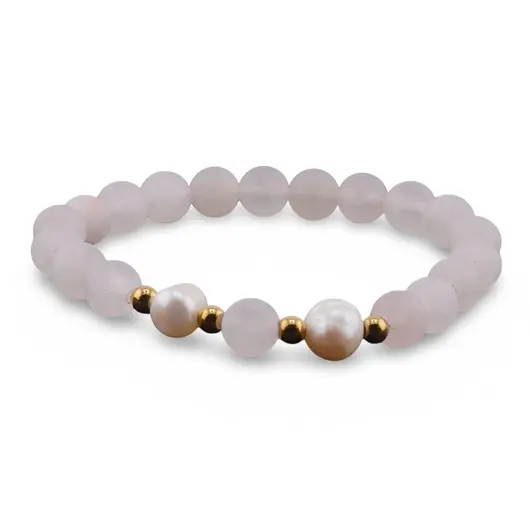 Bratara pe elastic Perle de cultura, bumbi aurii si Cuart roz sfere mate 8mm, imagine 2