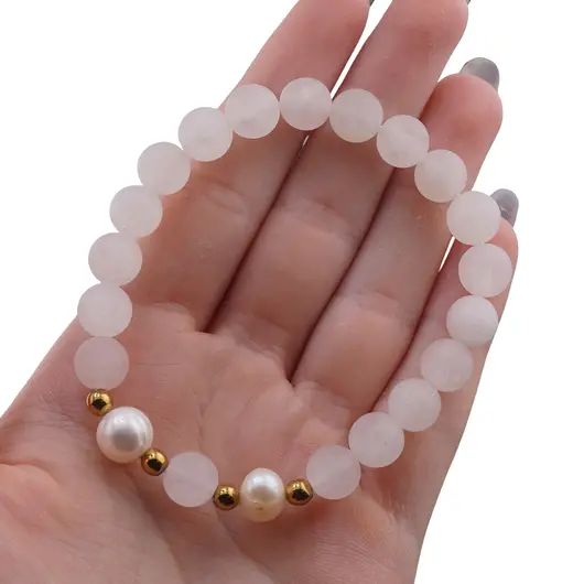 Bratara pe elastic Perle de cultura, bumbi aurii si Cuart roz sfere mate 8mm, imagine 4