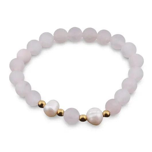 Bratara pe elastic Perle de cultura, bumbi aurii si Cuart roz sfere mate 8mm