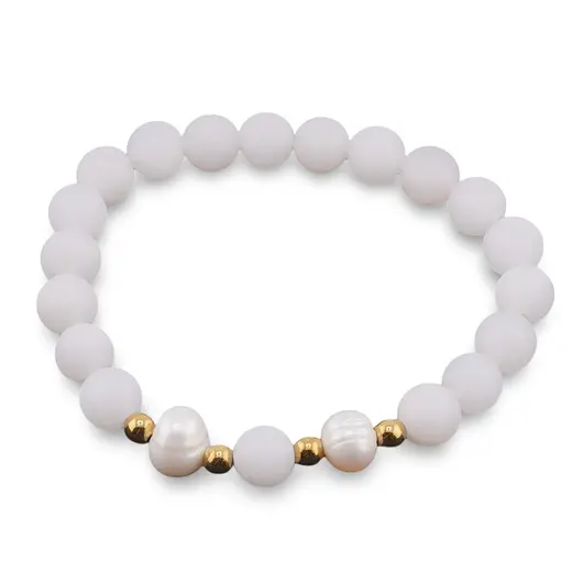 Bratara pe elastic Perle de cultura, bumbi aurii si Cuart sfere mate 8mm
