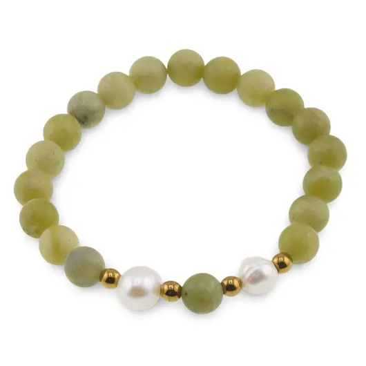Bratara pe elastic Perle de cultura, bumbi aurii si Jad serpentin piatra infinitului sfere mate 8mm
