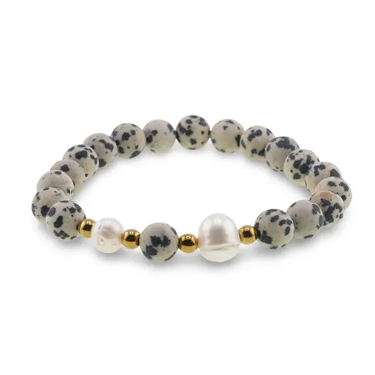 Bratara pe elastic Perle de cultura, bumbi aurii si Jasp dalmatian sfere mate 8mm, imagine 2