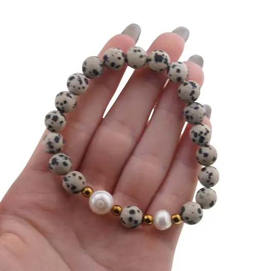 Bratara pe elastic Perle de cultura, bumbi aurii si Jasp dalmatian sfere mate 8mm, imagine 4
