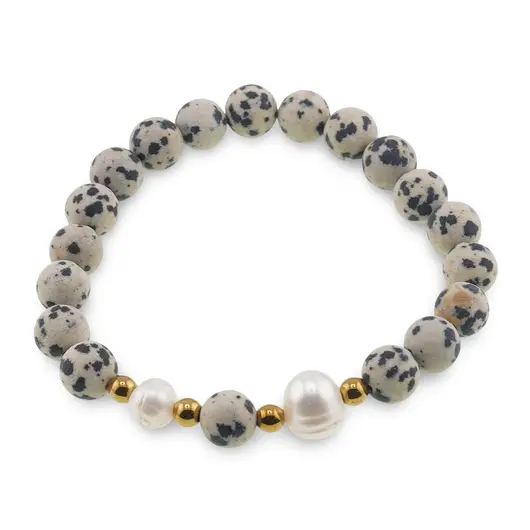 Bratara pe elastic Perle de cultura, bumbi aurii si Jasp dalmatian sfere mate 8mm