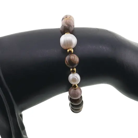 Bratara pe elastic Perle de cultura, bumbi aurii si Jasp zebra sfere 8mm, imagine 3