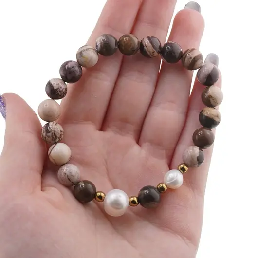 Bratara pe elastic Perle de cultura, bumbi aurii si Jasp zebra sfere 8mm, imagine 4
