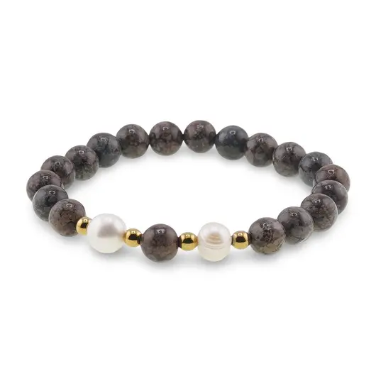 Bratara pe elastic Perle de cultura, bumbi aurii si Obsidian fulg de nea maro sfere 8mm, imagine 2