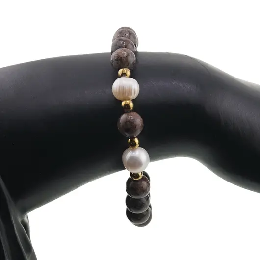 Bratara pe elastic Perle de cultura, bumbi aurii si Obsidian fulg de nea maro sfere 8mm, imagine 3