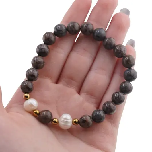 Bratara pe elastic Perle de cultura, bumbi aurii si Obsidian fulg de nea maro sfere 8mm, imagine 4