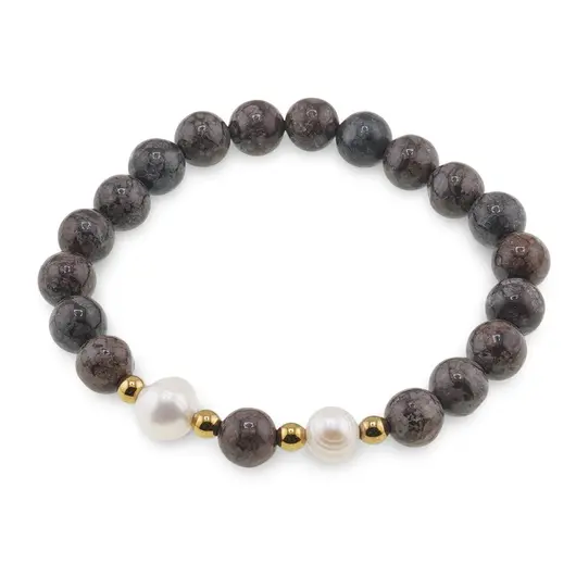 Bratara pe elastic Perle de cultura, bumbi aurii si Obsidian fulg de nea maro sfere 8mm