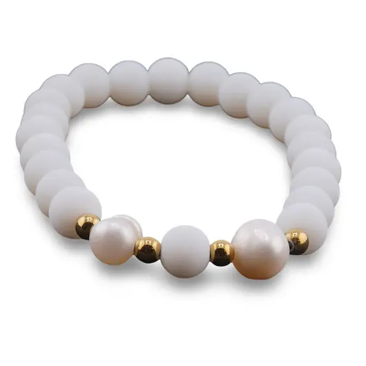Bratara pe elastic Perle de cultura, bumbi aurii si Onix alb sfere mate 8mm, imagine 2