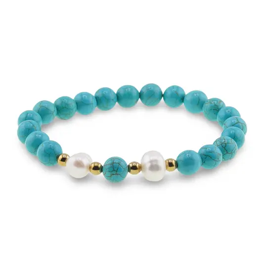 Bratara pe elastic Perle de cultura, bumbi aurii si Turcoaz sfere 8mm, imagine 2