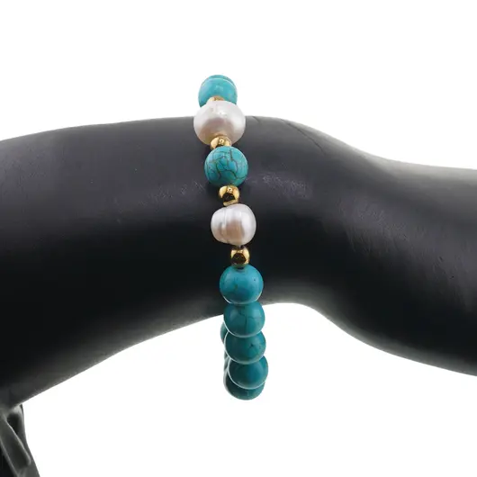 Bratara pe elastic Perle de cultura, bumbi aurii si Turcoaz sfere 8mm, imagine 3