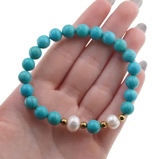 Bratara pe elastic Perle de cultura, bumbi aurii si Turcoaz sfere 8mm, imagine 4