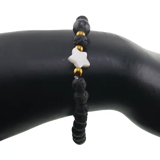 Bratara Roca vulcanica sfere 6mm, Larvikit 8mm si steluta din Sidef 10mm cu bumbi aurii, imagine 3