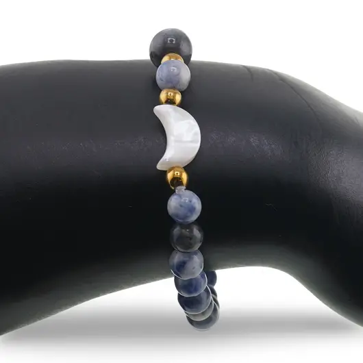 Bratara Sodalit sfere 6mm, Larvikit 8mm si luna din Sidef 12mm cu bumbi aurii, imagine 3