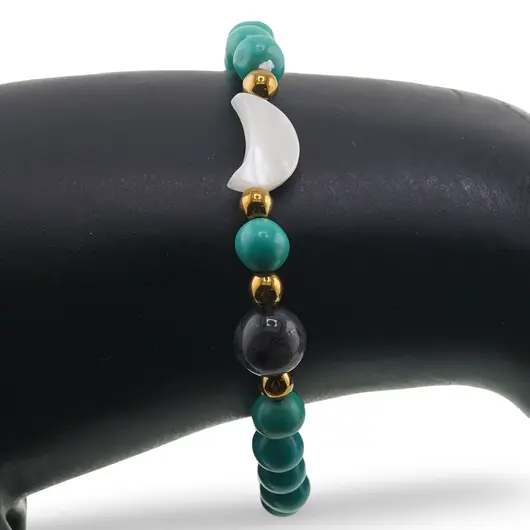 Bratara Turcoaz verde sfere 6mm, Larvikit 8mm si luna din Sidef 12mm cu bumbi aurii, imagine 3