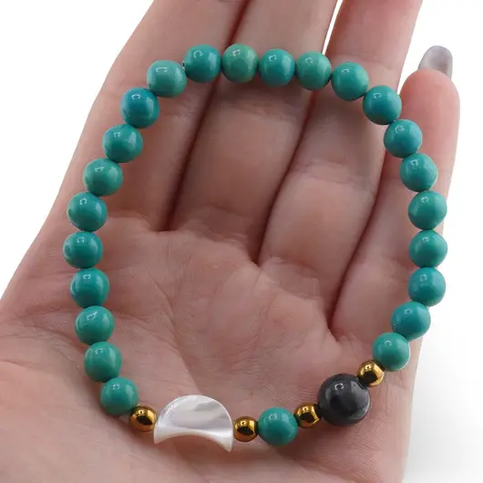 Bratara Turcoaz verde sfere 6mm, Larvikit 8mm si luna din Sidef 12mm cu bumbi aurii, imagine 4