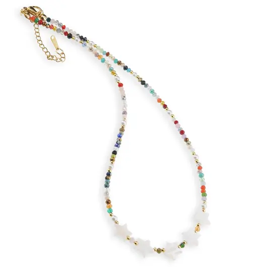 Colier mix cristale discuri 3mm , bumbi aurii si stelute Sidef