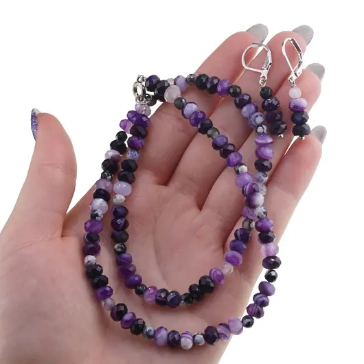 Set Cercei cu agatatoare si Colier din Agat mov discuri fatetate 6mm si sfere fatetate 4mm, imagine 3
