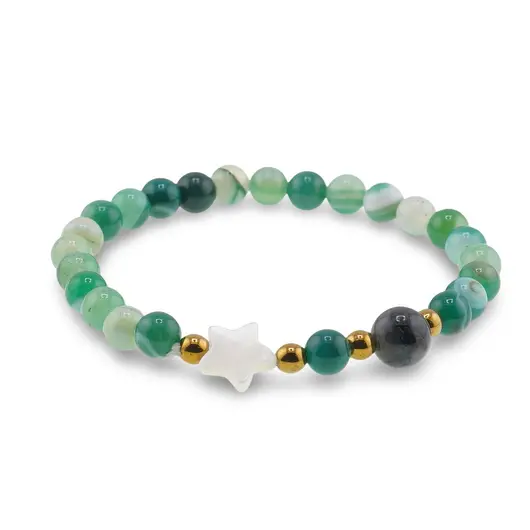 Bratara Agat verde sfere 6mm, Larvikit 8mm si steluta din Sidef 10mm cu bumbi aurii, imagine 2