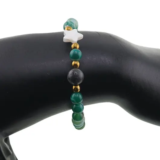 Bratara Agat verde sfere 6mm, Larvikit 8mm si steluta din Sidef 10mm cu bumbi aurii, imagine 3