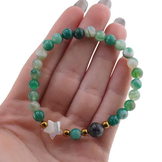 Bratara Agat verde sfere 6mm, Larvikit 8mm si steluta din Sidef 10mm cu bumbi aurii, imagine 4