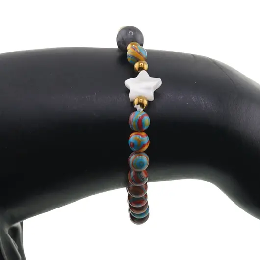 Bratara Compozit sfere 6mm, Larvikit 8mm si steluta din Sidef 10mm cu bumbi aurii, imagine 3