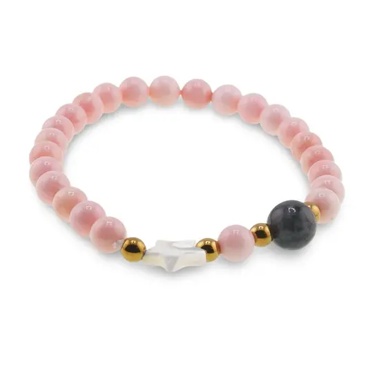 Bratara Coral roz sfere 6mm, Larvikit 8mm si steluta din Sidef 10mm cu bumbi aurii, imagine 2