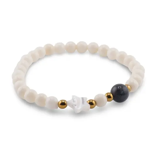 Bratara Coral sfere 6mm, Larvikit 8mm si steluta din Sidef 10mm cu bumbi aurii, imagine 2