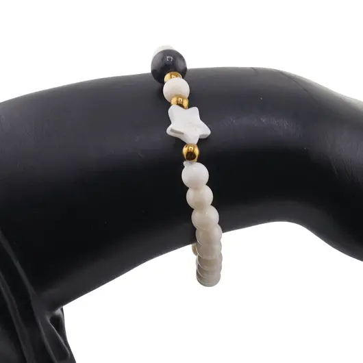 Bratara Coral sfere 6mm, Larvikit 8mm si steluta din Sidef 10mm cu bumbi aurii, imagine 3