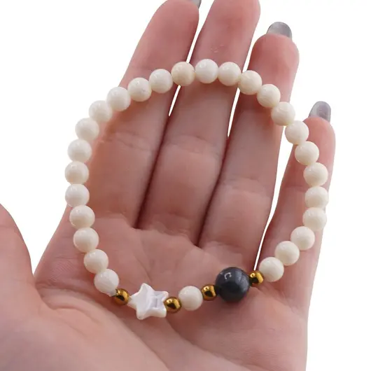 Bratara Coral sfere 6mm, Larvikit 8mm si steluta din Sidef 10mm cu bumbi aurii, imagine 4