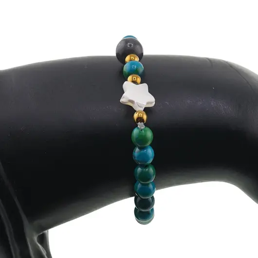 Bratara Crisocola sfere 6mm, Larvikit 8mm si steluta din Sidef 10mm cu bumbi aurii, imagine 3
