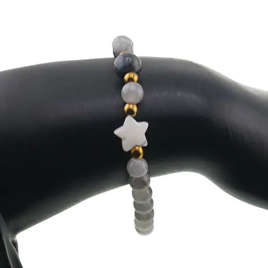 Bratara Cuart gri sfere 6mm, Larvikit 8mm si steluta din Sidef 10mm cu bumbi aurii, imagine 3