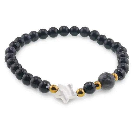 Bratara Goldstone albastru sfere 6mm, Larvikit 8mm si steluta din Sidef 10mm cu bumbi aurii, imagine 2