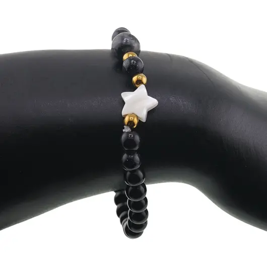Bratara Goldstone albastru sfere 6mm, Larvikit 8mm si steluta din Sidef 10mm cu bumbi aurii, imagine 3